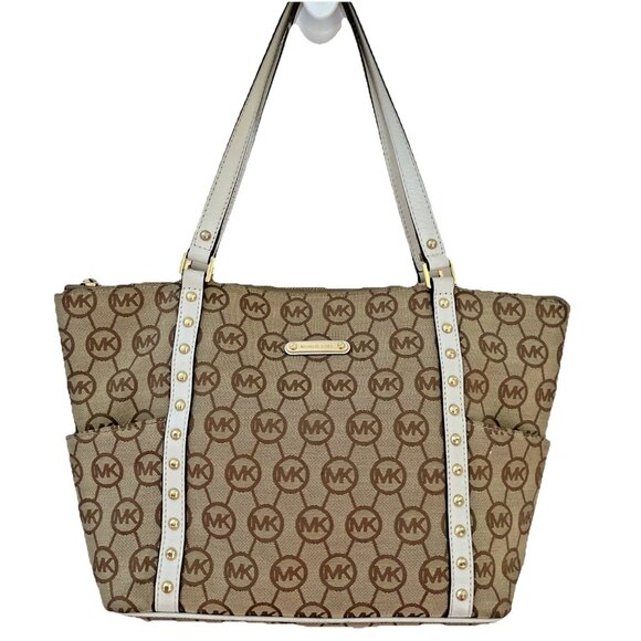MICHAEL KORS Signature Canvas Tote Shoulder Bag Beige Leather Trim Studded - Picture 1 of 15